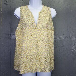 Ann Mashburn Tank Top Women M Yellow Floral Sleeveless Lined Zip Crepe Blouse